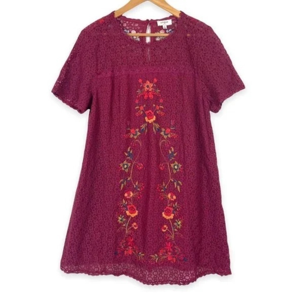 Umgee Boho Embroidered Burgundy Lace Shift Dress Spring Brunch Vacation  Size S - Picture 4 of 12